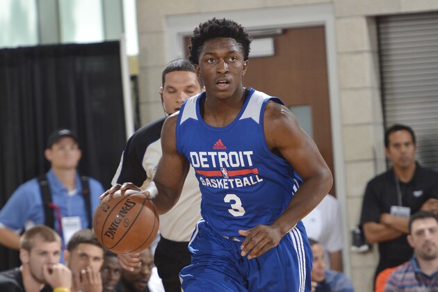 ORLANDO, FL - JULY 6:  Stanley Johnson #3 of the Detroit Pistons handles the ball against the Miami Heat during the 2015 Orlando Pro Summer League game on July 6, 2015 at Amway Center in Orlando, Florida. NOTE TO USER: User expressly acknowledges and agrees that, by downloading and or using this photograph, User is consenting to the terms and conditions of the Getty Images License Agreement. Mandatory Copyright Notice: Copyright 2015 NBAE  (Photo by Fernando Medina/NBAE via Getty Images)