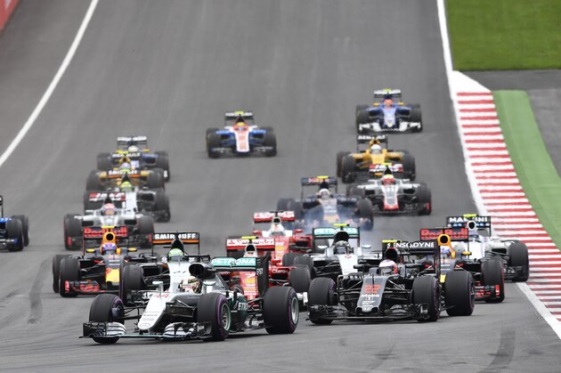 Mercedes driver Lewis Hamilton of Britain leads the field after the start during the Formula One Grand Prix, at the Red Bull Ring in racetrack, in Spielberg, Austria, Sunday, July. 3, 2016. (AP Photo/Kerstin Joensson)