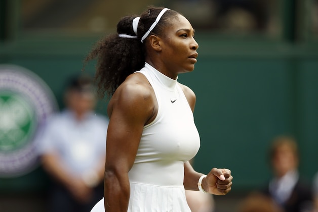 Serena Williams of the U.S celebrates after beating Annika Beck of Germany in their women's singles match on day seven of the Wimbledon Tennis Championships in London, Sunday, July 3, 2016. (AP Photo/Alastair Grant)