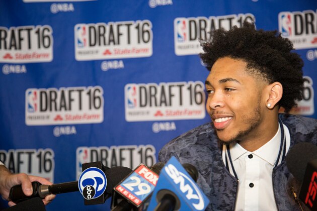 NEW YORK, NY - JUNE 22: Brandon Ingram speaks with reporters during Media Availability on June 22, 2016 in New York City. NOTE TO USER: User expressly acknowledges and agrees that, by downloading and/or using this photograph, user is consenting to the terms and conditions of the Getty Images License Agreement.  Mandatory Copyright Notice: Copyright 2016 NBAE (Photo by Jeyhoun Allebaugh/NBAE via Getty Images)