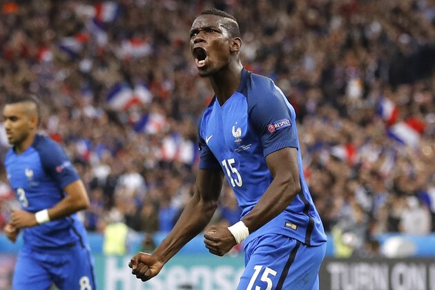 France's Paul Pogba celebrates after scoring his side's second goal during the Euro 2016 quarterfinal soccer match between France and Iceland, at the Stade de France in Saint-Denis, north of Paris, France, Sunday, July 3, 2016. (AP Photo/Frank Augstein)