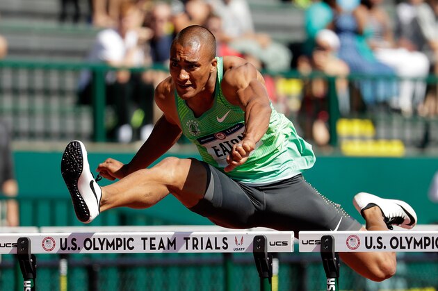 EUGENE, OR - JULY 03:  Ashton Eaton during the Men's Decathlon 110 Meter Hurdles during the 2016 U.S. Olympic Track