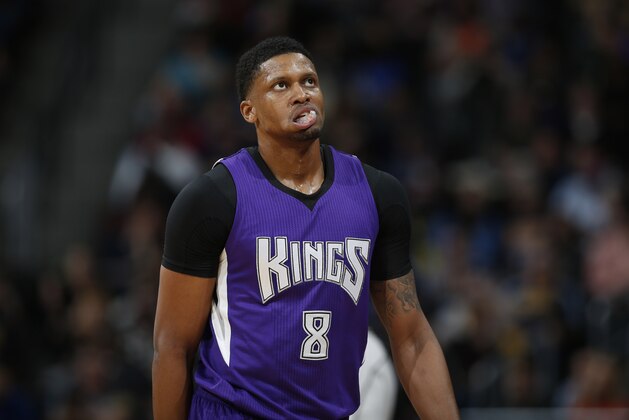 Sacramento Kings forward Rudy Gay (8) in the second half of an NBA basketball game Tuesday, Feb. 23, 2016, in Denver. The Kings won 114-110. (AP Photo/David Zalubowski)