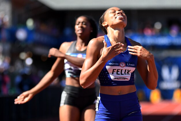 Jul 3, 2016; Eugene, OR, USA; Allyson Felix reacts after competing during the women   s 400m final in the 2016 U.S. Olympic track and field team trials at Hayward Field. Mandatory Credit: James Lang-USA TODAY Sports
