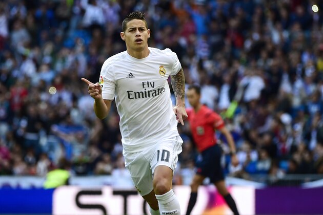Real Madrid's Colombian midfielder James Rodriguez celebrates a goal during the Spanish league football match Real Madrid CF vs SD Eibar at the Santiago Bernabeu stadium in Madrid on April 9, 2016. / AFP / PIERRE-PHILIPPE MARCOU        (Photo credit should read PIERRE-PHILIPPE MARCOU/AFP/Getty Images)