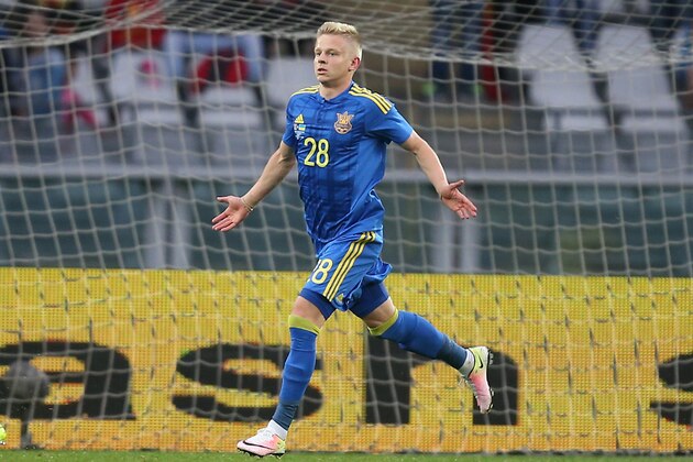 Ukraine's forward Zinchenko Oleksandr celebrates after scoring during the international friendly football match between Romania and Ukraine at 'Grande Torino Stadium' in Turin, on May 29, 2016.  / AFP / MARCO BERTORELLO        (Photo credit should read MARCO BERTORELLO/AFP/Getty Images)