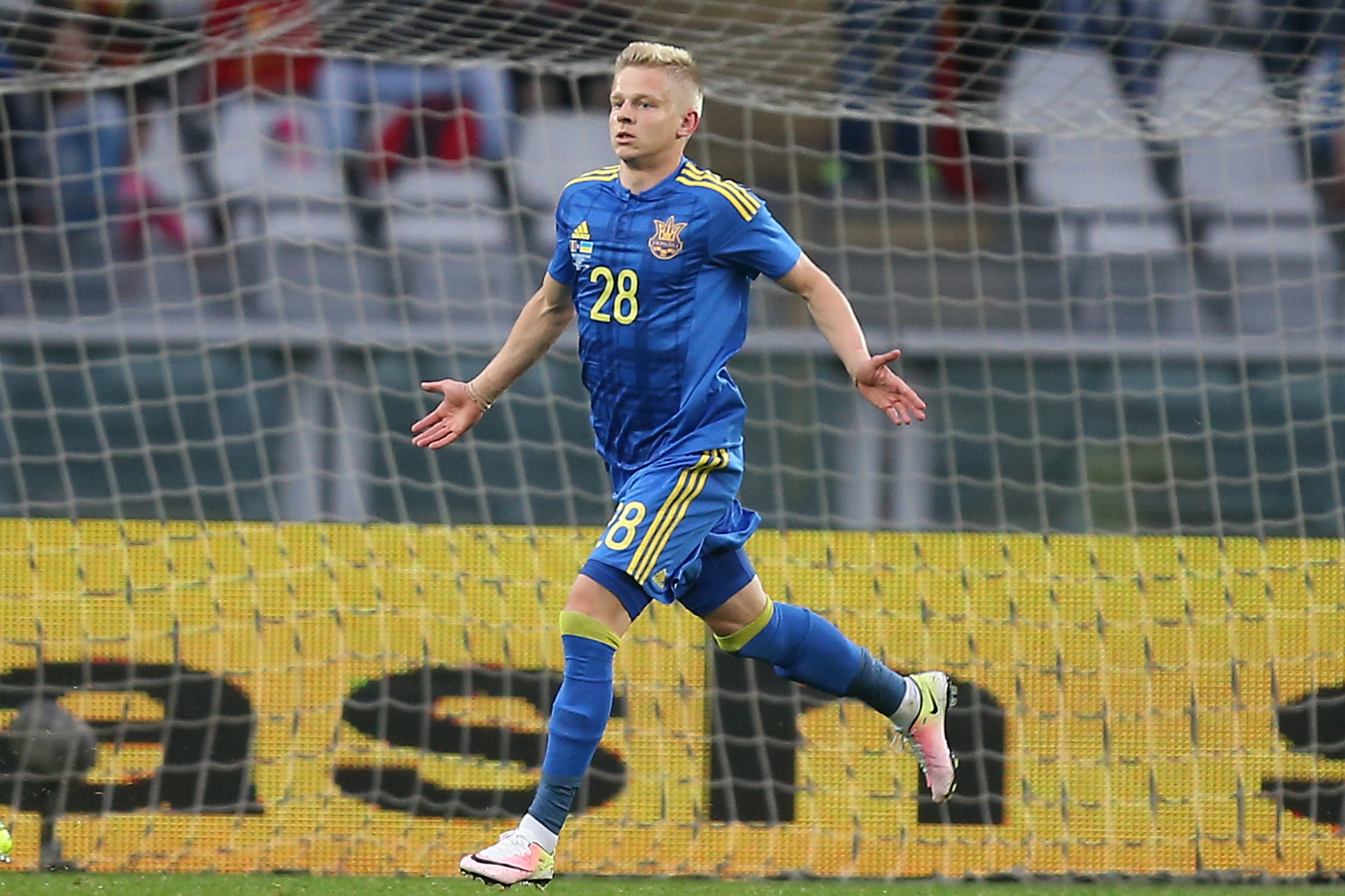 Ukraine's forward Zinchenko Oleksandr celebrates after scoring during the international friendly football match between Romania and Ukraine at 'Grande Torino Stadium' in Turin, on May 29, 2016.  / AFP / MARCO BERTORELLO        (Photo credit should read MARCO BERTORELLO/AFP/Getty Images)
