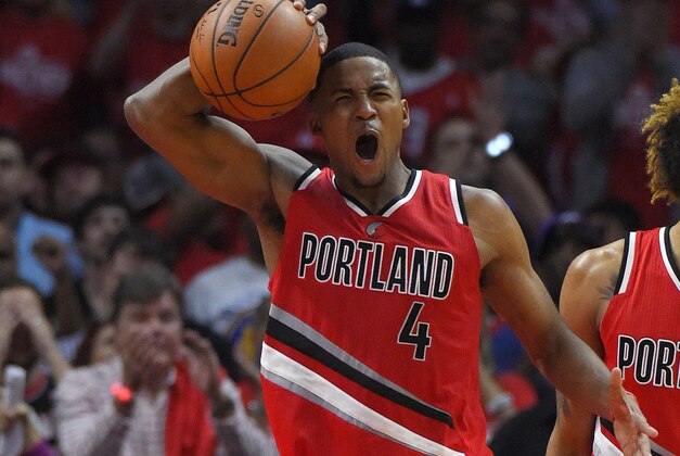 Portland Trail Blazers forward Maurice Harkless reacts after being called for a foul during the second half in Game 5 of a first-round NBA basketball playoff series against the Los Angeles Clippers, Wednesday, April 27, 2016, in Los Angeles. The Trail Blazers won 108-98. (AP Photo/Mark J. Terrill)