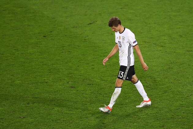 BORDEAUX, FRANCE - JULY 02: Thomas Mueller of Germany shows his dejection after his penalty saved by Gianluigi Buffon of Italy during the UEFA EURO 2016 quarter final match between Germany and Italy at Stade Matmut Atlantique on July 2, 2016 in Bordeaux, France.  (Photo by Lars Baron/Getty Images)