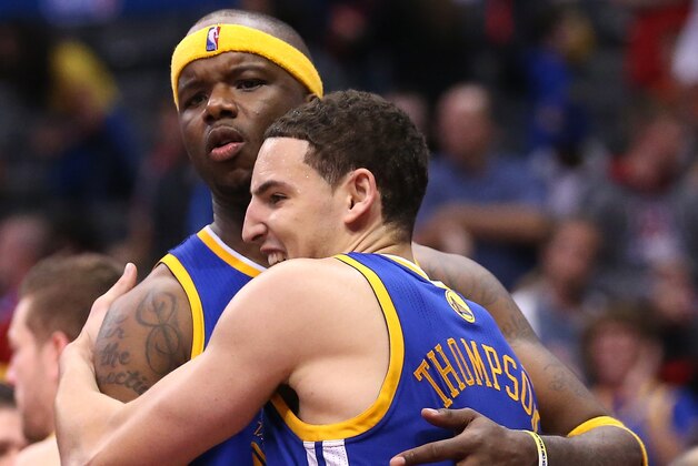 LOS ANGELES, CA - APRIL 19:  Klay Thompson #11 and Jermaine O'Neal #7  of the Golden State Warriors the Los Angeles Clippers in Game One of the Western Conference Quarterfinals during the 2014 NBA Playoffs at Staples Center on April 19, 2014 in Los Angeles, California. The Warriors won 109-105.  NOTE TO USER: User expressly acknowledges and agrees that, by downloading and or using this photograph, User is consenting to the terms and conditions of the Getty Images License Agreement.  (Photo by Stephen Dunn/Getty Images)
