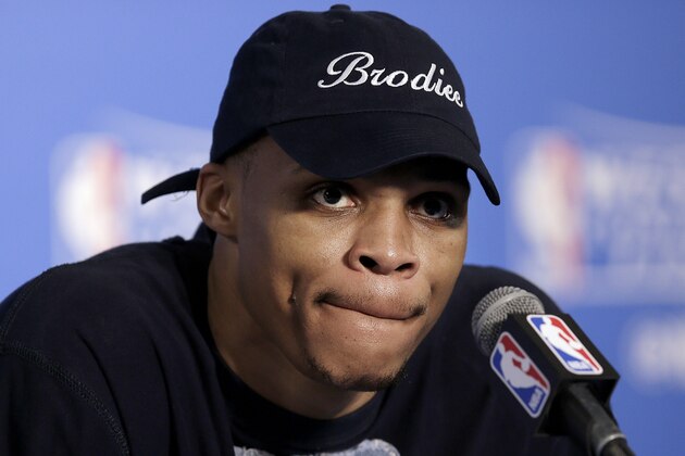 Oklahoma City Thunder guard Russell Westbrook speaks at a news conference after Game 7 of the NBA basketball Western Conference finals against the Golden State Warriors in Oakland, Calif., Monday, May 30, 2016. The Warriors won 96-88. (AP Photo/Ben Margot)