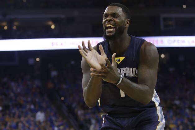 Memphis Grizzlies' Lance Stephenson argues a call during the first half of an NBA basketball game against the Golden State Warriors Wednesday, April 13, 2016, in Oakland, Calif. (AP Photo/Marcio Jose Sanchez)