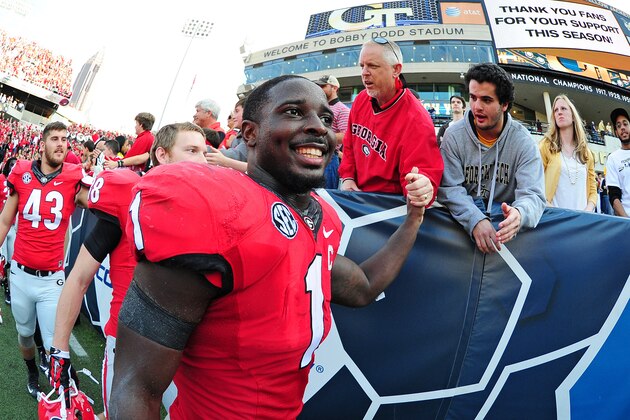 ATLANTA, GA - NOVEMBER 28: Sony Michel #1 of the Georgia Bulldogs is congratulated after the game against the Georgia Tech Yellow Jackets at Bobby Dodd Stadium on November 28, 2015 in Atlanta, Georgia. (Photo by Scott Cunningham/Getty Images)