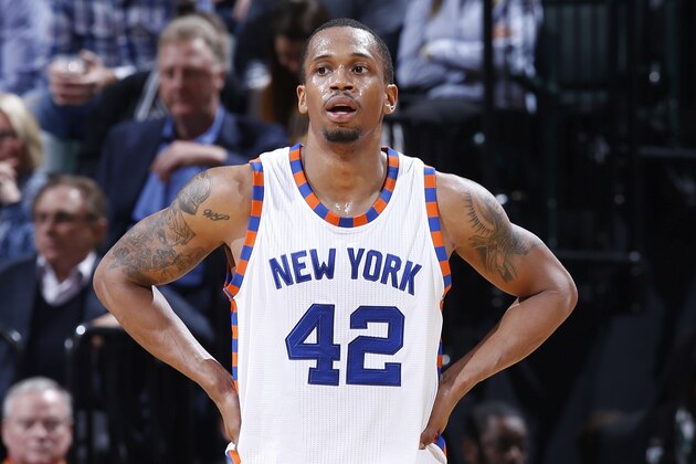 INDIANAPOLIS, IN - FEBRUARY 24: Lance Thomas #42 of the New York Knicks looks on against the Indiana Pacers during the game at Bankers Life Fieldhouse on February 24, 2016 in Indianapolis, Indiana. The Pacers defeated the Knicks 108-105. NOTE TO USER: User expressly acknowledges and agrees that, by downloading and or using the photograph, User is consenting to the terms and conditions of the Getty Images License Agreement. (Photo by Joe Robbins/Getty Images)
