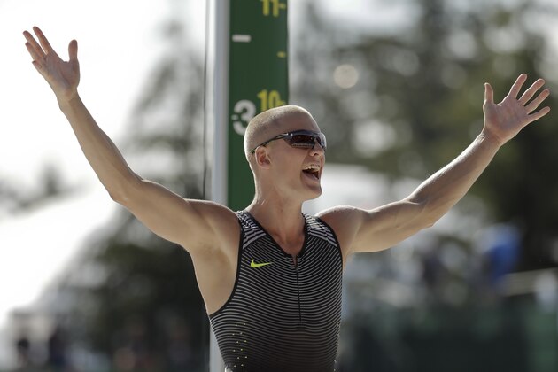 Sam Kendricks reacts during the men’s pole vault event at the U.S. Olympic Track and Field Trials, Monday, July 4, 2016, in Eugene Ore. (AP Photo/Matt Slocum)