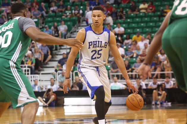 Philadelphia 76ers' Ben Simmons (25) dribbles down the court during the first half of an NBA Summer League basketball game against the Boston Celtics on Monday, July 4, 2016, in Salt Lake City. (AP Photo/Kim Raff)