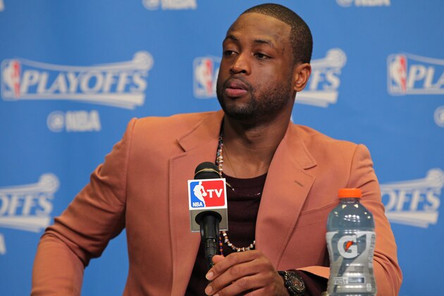 MIAMI, FL - MAY 13:  Dwyane Wade #3 of the Miami Heat speaks at a press conference after Game Six of the Eastern Conference Semifinals against the Toronto Raptors during the 2016 NBA Playoffs on May 13, 2016 at AmericanAirlines Arena in Miami, Florida. NOTE TO USER: User expressly acknowledges and agrees that, by downloading and or using this Photograph, user is consenting to the terms and conditions of the Getty Images License Agreement. Mandatory Copyright Notice: Copyright 2016 NBAE (Photo by Issac Baldizon/NBAE via Getty Images)