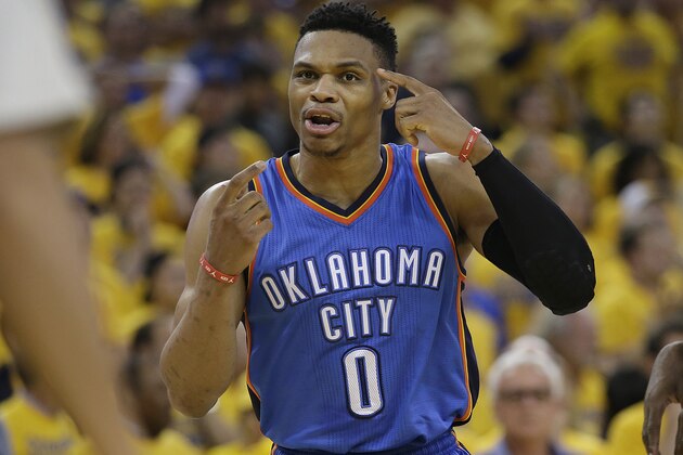 Oklahoma City Thunder guard Russell Westbrook (0) gestures toward an official during the second half of Game 7 of the NBA basketball Western Conference finals against the Golden State Warriors in Oakland, Calif., Monday, May 30, 2016. (AP Photo/Marcio Jose Sanchez)