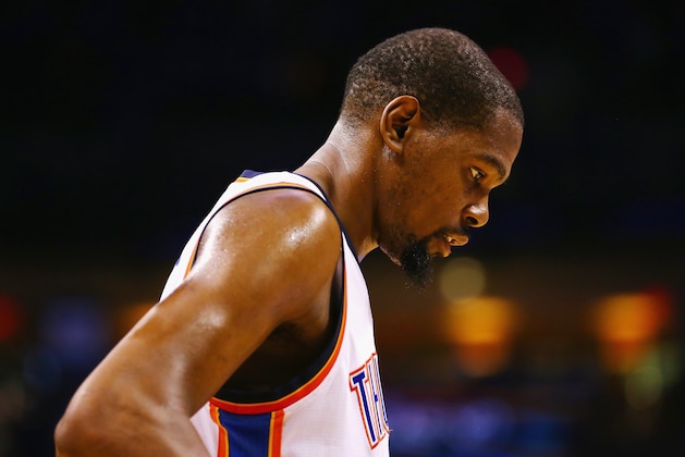 OKLAHOMA CITY, OK - MAY 28:  Kevin Durant #35 of the Oklahoma City Thunder reacts during the fourth quarter against the Golden State Warriors in game six of the Western Conference Finals during the 2016 NBA Playoffs at Chesapeake Energy Arena on May 28, 2016 in Oklahoma City, Oklahoma. NOTE TO USER: User expressly acknowledges and agrees that, by downloading and or using this photograph, User is consenting to the terms and conditions of the Getty Images License Agreement.  (Photo by Maddie Meyer/Getty Images)