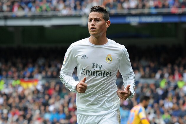 MADRID, SPAIN - MAY 08:  James Rodriguez of Real Madrid looks on during the La Liga match between Real Madrid CF and Valencia CF at Estadio Santiago Bernabeu on May 8, 2016 in Madrid, Spain.  (Photo by Denis Doyle/Getty Images)