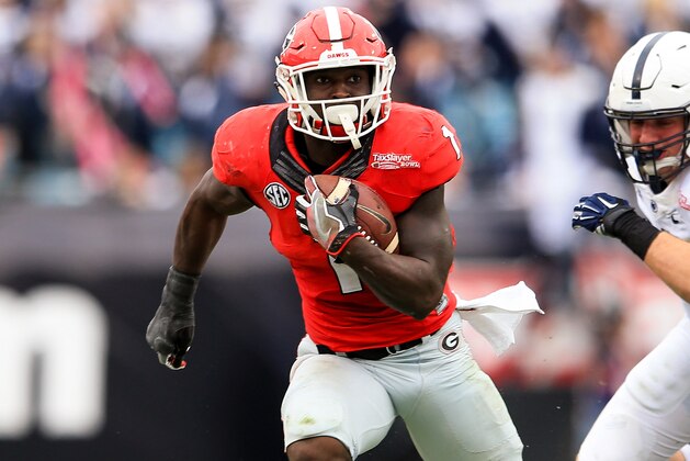 JACKSONVILLE, FL - JANUARY 02: Sony Michel #1 of the Georgia Bulldogs in action during the TaxSlayer Bowl game against the Penn State Nittany Lions at EverBank Field on January 2, 2016 in Jacksonville, Florida.  (Photo by Rob Foldy/Getty Images)