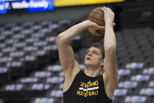 Jan 12, 2016; Dallas, TX, USA; Cleveland Cavaliers center Timofey Mozgov (20) warms up before the game against the Dallas Mavericks at the American Airlines Center. Mandatory Credit: Jerome Miron-USA TODAY Sports