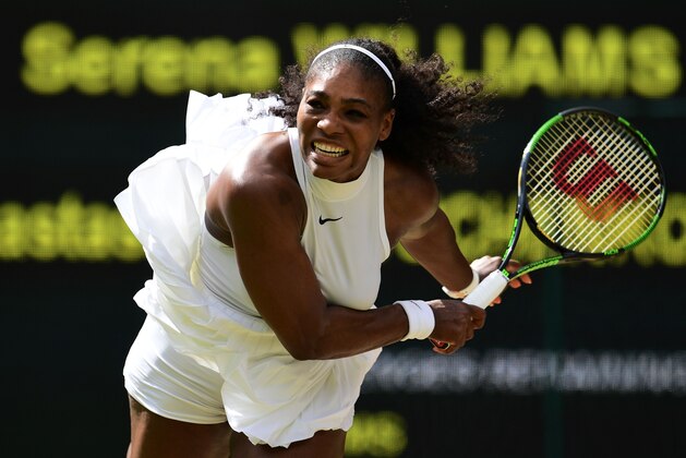 US player Serena Williams serves against Russia's Anastasia Pavlyuchenkova during their women's singles quarter-final match on the ninth day of the 2016 Wimbledon Championships at The All England Lawn Tennis Club in Wimbledon, southwest London, on July 5, 2016. / AFP / GLYN KIRK / RESTRICTED TO EDITORIAL USE        (Photo credit should read GLYN KIRK/AFP/Getty Images)