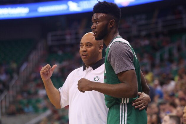 Boston Celtics' Jaylen Brown talks to Boston Celtics' summer league coach Micah Shrewsberry during an NBA Summer League basketball game against the Philadelphia 76ers on Monday, July 4, 2016, in Salt Lake City. (AP Photo/Kim Raff)