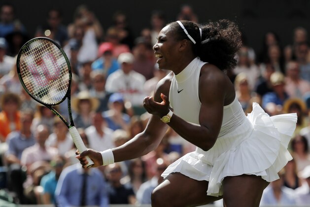 Serena Williams of the U.S celebrates a point against Anastasia Pavlyuchenkova of Russia during their women's singles match on day nine of the Wimbledon Tennis Championships in London, Tuesday, July 5, 2016. (AP Photo/Ben Curtis)