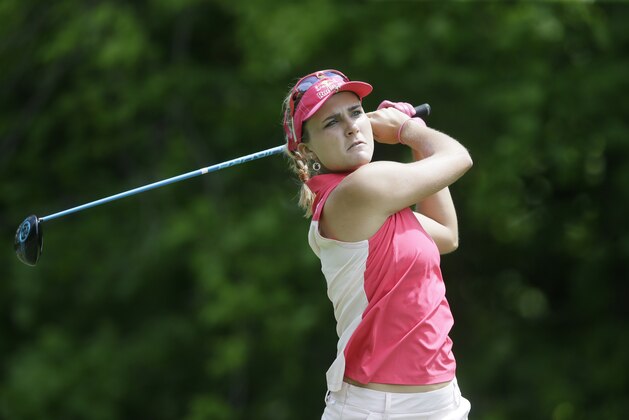 Lexi Thompson hits from the fifth tee during the second round of the LPGA Volvik Championship golf tournament at the Travis Pointe Country Club, Friday, May 27, 2016, in Ann Arbor, Mich. (AP Photo/Carlos Osorio)