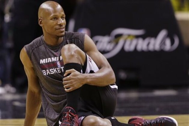 FILE - In this June 4, 2014, file photo, Miami Heat guard Ray Allen warms up during basketball practice in San Antonio. Allen says he will not play this season, though will consider returning to the NBA next season. The two-time champion and all-time leading 3-point shooter made the announcement Wednesday, Marchy 4, 2015, through his agent, Jim Tanner. (AP Photo/Eric Gay, File)