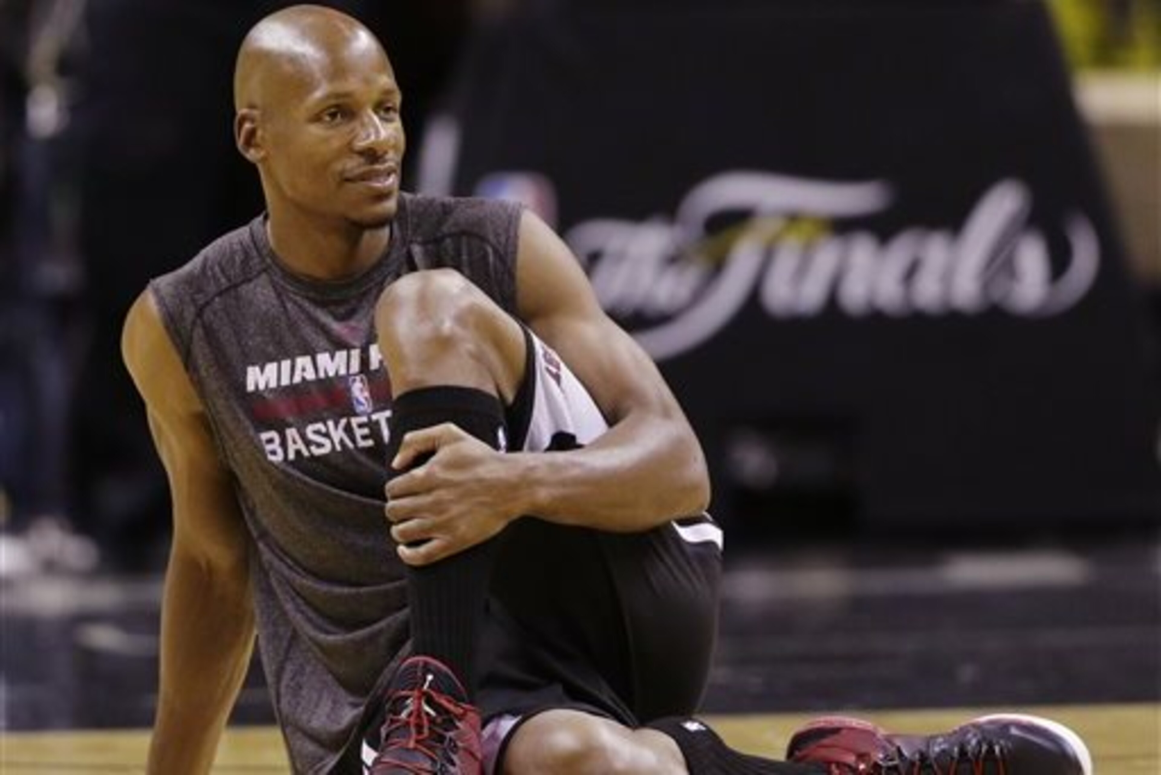 FILE - In this June 4, 2014, file photo, Miami Heat guard Ray Allen warms up during basketball practice in San Antonio. Allen says he will not play this season, though will consider returning to the NBA next season. The two-time champion and all-time leading 3-point shooter made the announcement Wednesday, Marchy 4, 2015, through his agent, Jim Tanner. (AP Photo/Eric Gay, File) FILE - In this June 4, 2014, file photo, Miami Heat guard Ray Allen warms up during basketball practice in San Antonio. Allen says he will not play this season, though will consider returning to the NBA next season. The two-time champion and all-time leading 3-point shooter made the announcement Wednesday, Marchy 4, 2015, through his agent, Jim Tanner. (AP Photo/Eric Gay, File)