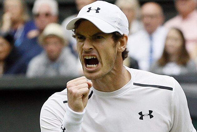 Andy Murray of Britain celebrates a point against Nick Kyrgios of Australia during their men's singles match on day eight of the Wimbledon Tennis Championships in London, Monday, July 4, 2016. (AP Photo/Kirsty Wigglesworth)