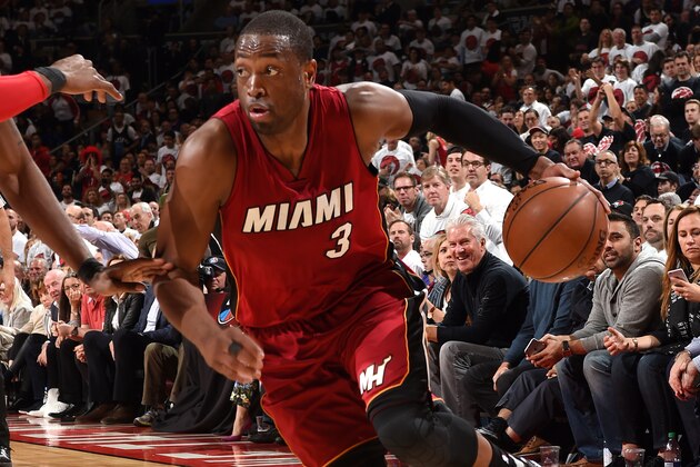TORONTO, CANADA - MAY 15: Dwyane Wade #3 of the Miami Heat handles the ball during the game against the Toronto Raptors in Game Seven of the Eastern Conference Semifinals during the 2016 NBA Playoffs on May 15, 2016 at the Air Canada Centre in Toronto, Ontario, Canada.  NOTE TO USER: User expressly acknowledges and agrees that, by downloading and or using this Photograph, user is consenting to the terms and conditions of the Getty Images License Agreement.  Mandatory Copyright Notice: Copyright 2016 NBAE (Photo by Ron Turenne/NBAE via Getty Images)