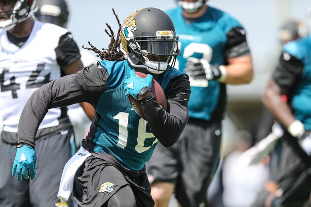 Jacksonville Jaguar wide receiver Denard Robinson (16) runs the ball during NFL football teams minicamp practice in Jacksonville, Fla., Wednesday, June 15, 2016. (AP Photo/Gary McCullough)