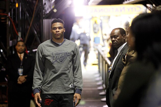 May 26, 2016; Oakland, CA, USA; Oklahoma City Thunder guard Russell Westbrook (0) waits to take the floor prior to the game the game against the Golden State Warriors in game five of the Western conference finals of the NBA Playoffs at Oracle Arena. Mandatory Credit: Cary Edmondson-USA TODAY Sports