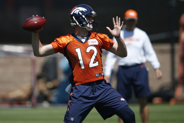 Denver Broncos rookie quarterback Paxton Lynch during an NFL football practice at the team's headquarters Wednesday, June 8, 2016, in Englewood, Colo. (AP Photo/David Zalubowski)