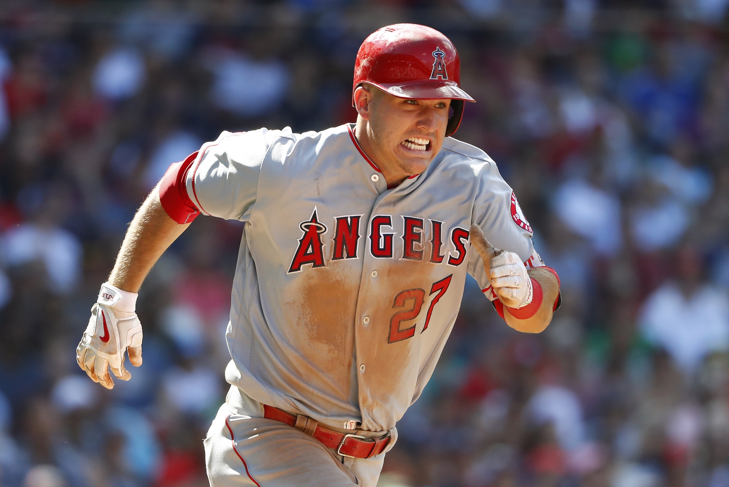 Los Angeles Angels' Mike Trout tries to beat out an infield ground ball as a run scored but was out on the play during the seventh inning of a baseball game against the Boston Red Sox at Fenway Park in Boston Sunday, July 3, 2016. (AP Photo/Winslow Townson) Los Angeles Angels' Mike Trout tries to beat out an infield ground ball as a run scored but was out on the play during the seventh inning of a baseball game against the Boston Red Sox at Fenway Park in Boston Sunday, July 3, 2016. (AP Photo/Winslow Townson)