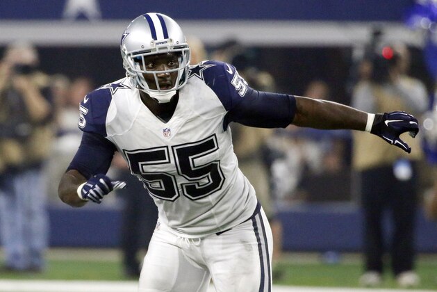 FILE - In this Nov. 26, 2015, file photo, Dallas Cowboys' Rolando McClain defends against the Carolina Panthers during an NFL football game in Arlington, Texas.  A person with knowledge of the situation says McClain has been suspended for the first 10 games next season for his second violation of the NFL’s substance-abuse policy in as many years. (AP Photo/Roger Steinman, File)