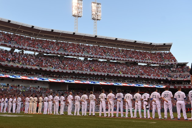 CINCINNATI, OH - JULY 14:  National League All-Stars stand together on the field during the National Anthem prior to the 86th MLB All-Star Game at Great American Ball Park on July 14, 2015 in Cincinnati, Ohio. The American League defeated the National League 6-3.  (Photo by Mark Cunningham/MLB Photos via Getty Images)