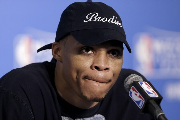 Oklahoma City Thunder guard Russell Westbrook speaks at a news conference after Game 7 of the NBA basketball Western Conference finals against the Golden State Warriors in Oakland, Calif., Monday, May 30, 2016. The Warriors won 96-88. (AP Photo/Ben Margot)