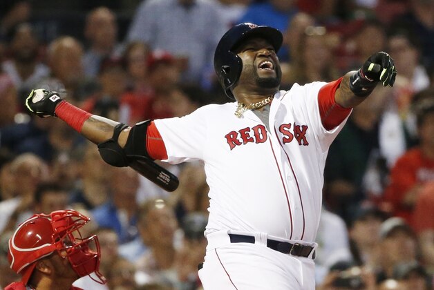 Boston Red Sox's David Ortiz pops a foul during the fourth inning of a baseball game against the Los Angeles Angels in Boston, Saturday, July 2, 2016. (AP Photo/Michael Dwyer)
