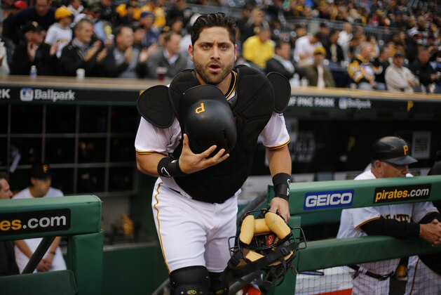 Pittsburgh Pirates catcher Francisco Cervelli takes the field for a baseball game against the Atlanta Braves in Pittsburgh, Tuesday, May 17, 2016. (AP Photo/Gene J. Puskar)