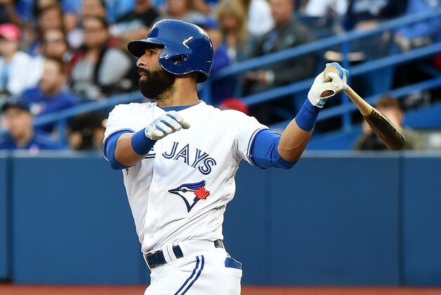 Jun 9, 2016; Toronto, Ontario, CAN; Toronto Blue Jays right fielder Jose Bautista (19) hits a double against Baltimore Orioles in the first  inning at Rogers Centre. Mandatory Credit: Dan Hamilton-USA TODAY Sports