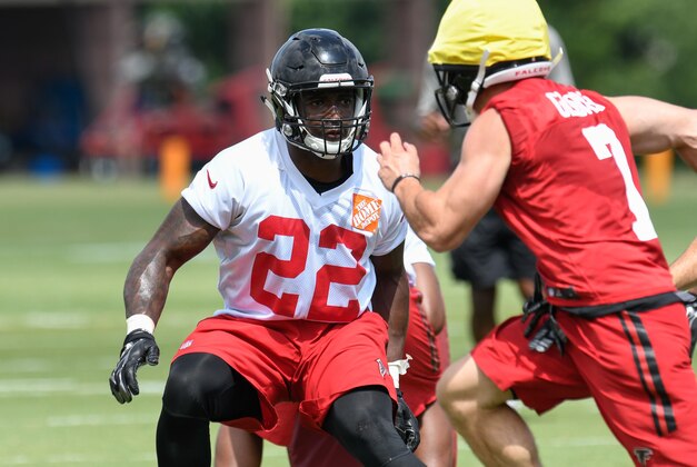 Jun 15, 2016; Flowery Branch, GA, USA; Atlanta Falcons safety Keanu Neal (22) participates in a drill during mini camp at Falcons Training Complex. Mandatory Credit: Dale Zanine-USA TODAY Sports