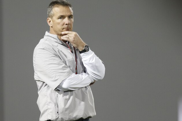 Ohio State head coach Urban Meyer watches his team run drills during their Spring NCAA college football practice Tuesday, March 8, 2016, in Columbus, Ohio. (AP Photo/Jay LaPrete)
