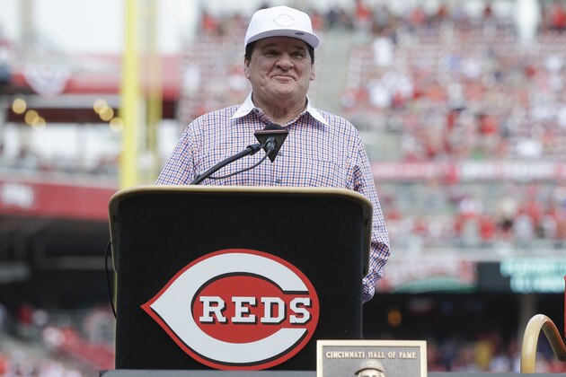 Former Cincinnati Reds player and manager Pete Rose speaks during a ceremony as he is inducted into the Cincinnati Reds Hall of Fame before a baseball game against the San Diego Padres, Saturday, June 25, 2016, in Cincinnati. (AP Photo/John Minchillo)