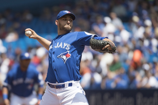 Jul 2, 2016; Toronto, Ontario, CAN; Toronto Blue Jays starting pitcher Marco Estrada (25) throws a pitch during the first inning in a game against the Cleveland Indians at Rogers Centre. Mandatory Credit: Nick Turchiaro-USA TODAY Sports