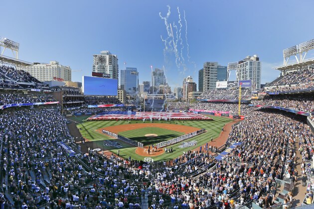 Opening day ceremonies are performed at Petco Park before a baseball game between the Los Angeles Dodgers and the San Diego Padres, Monday, April 4, 2016, in San Diego. (AP Photo/Lenny Ignelzi)