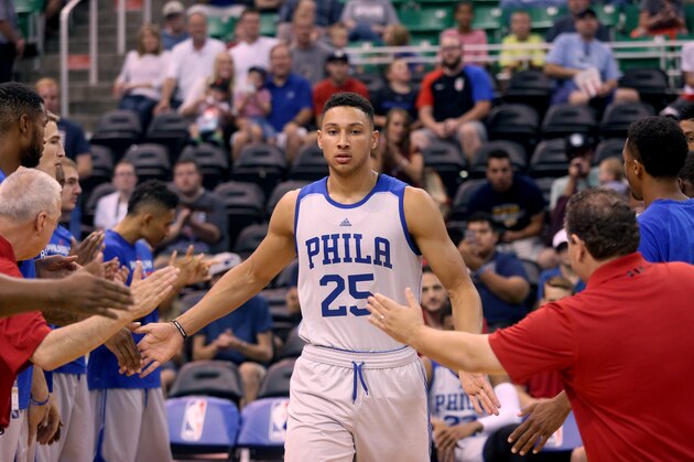 Philadelphia 76ers' Ben Simmons walks on the court during player introductions at the NBA Summer League basketball game against the San Antonio Spurs on Monday, July 4, 2016, in Salt Lake City. (AP Photo/Kim Raff)